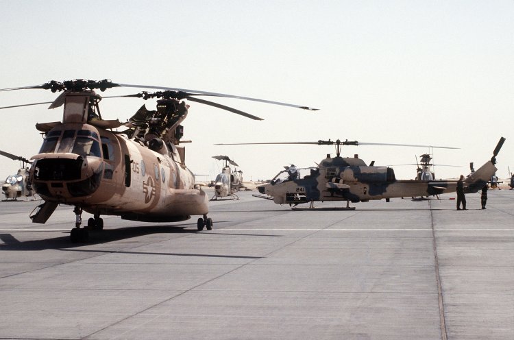 AH-1W Sea Cobras and a CH-46 Sea Knight