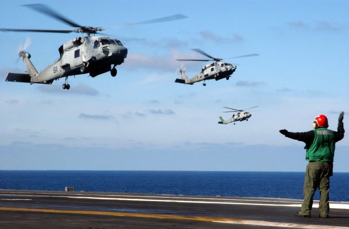 Image: Three incoming SH-60F Seahawk Helicopters